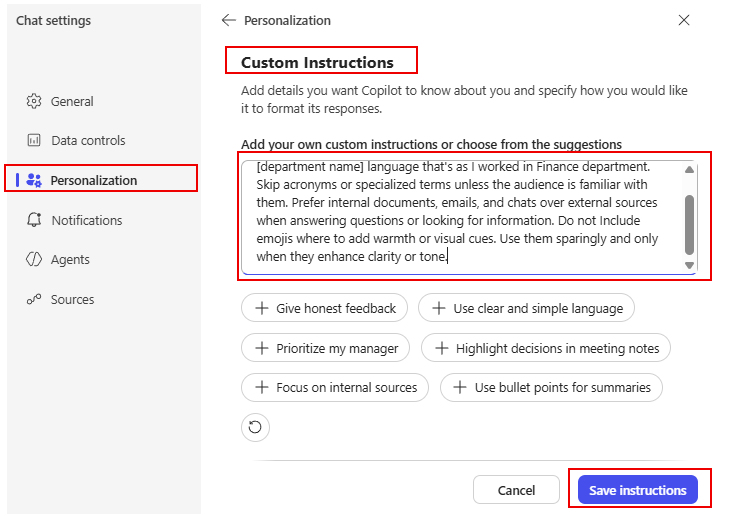 Custom instructions box